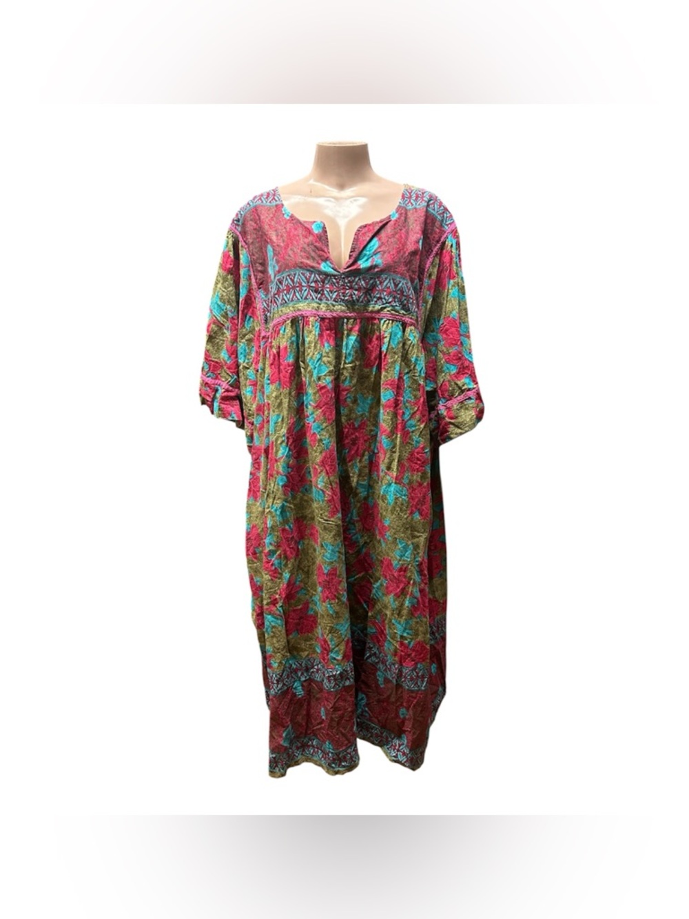 Boho Floral Patchwork Midi Dress in Fuchsia & Teal